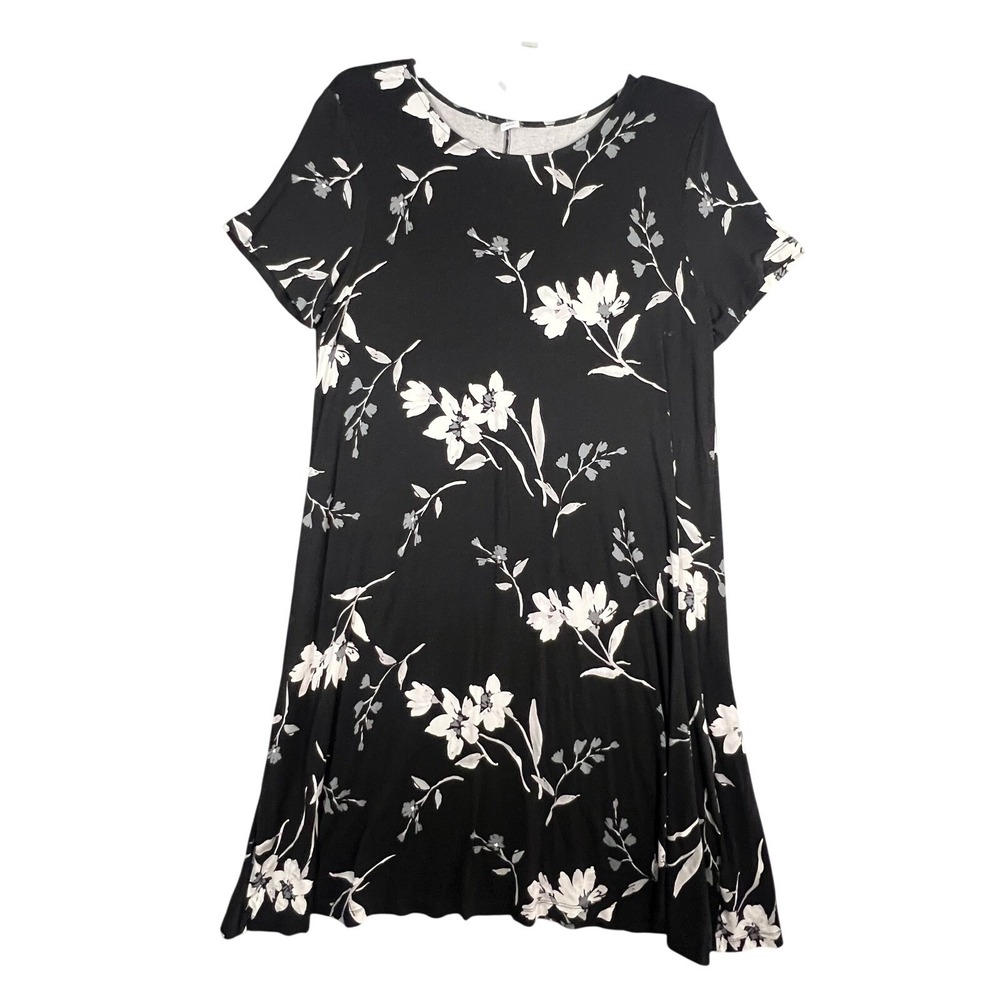 Old Navy Women's L Black White Floral Print Short Sleeve Swing Dress Rayon Blend